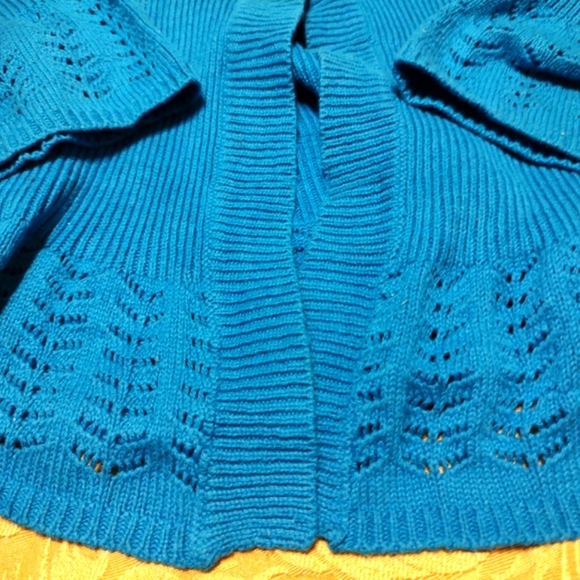 🐦Glorious Vtg 80's Rich Turquoise Crochet Woven Bell Sleeve Cardigan Sweater -S - Picture 5 of 16